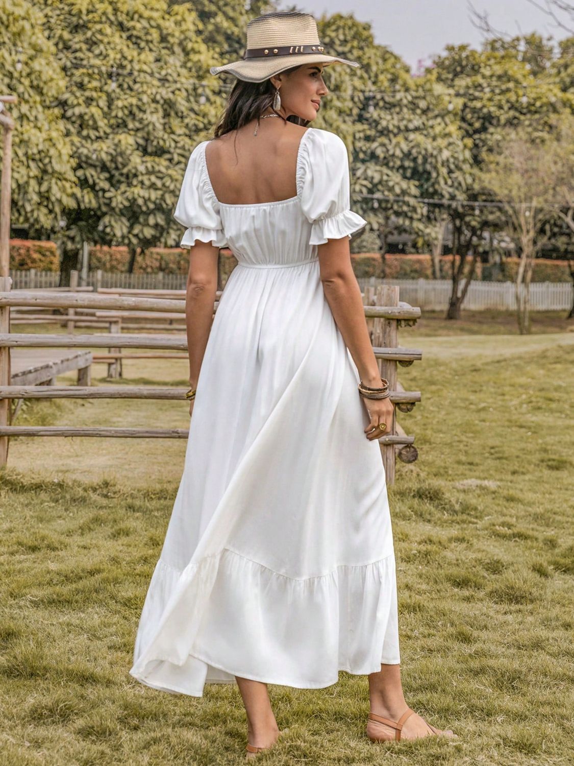 Square Neck Flounce Sleeve Midi Dress - store name